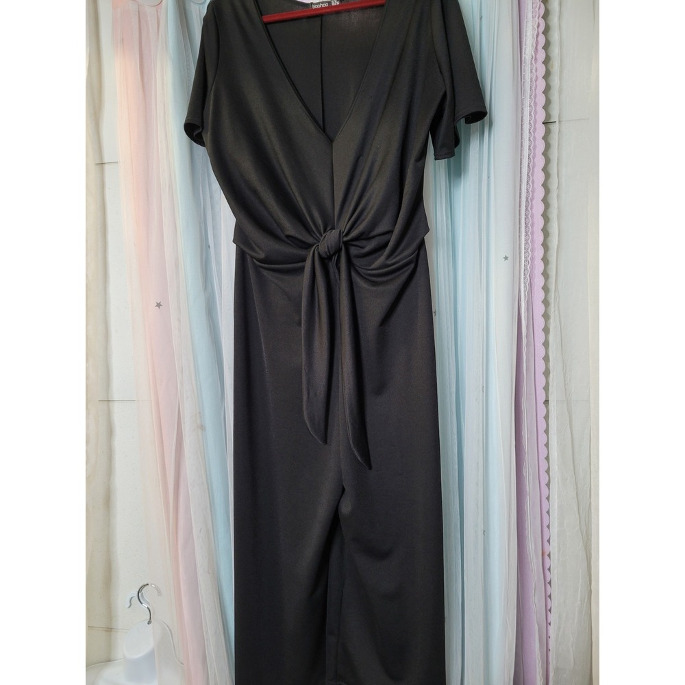 Boohoo Black Front Tie Knot V-Neck Short Sleeve Wide Leg Jumpsuit Wom US 16 1102